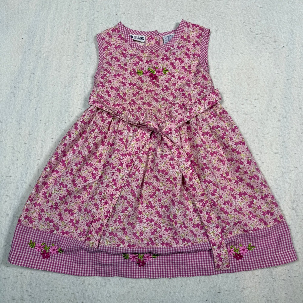 Blueberi Boulevard Girls Pink Floral Gingham Embroidered Dress Size 5 K0831453